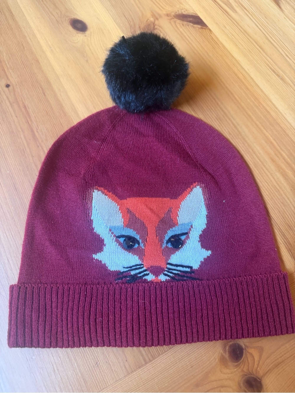 Kate spade Burgundy Fox Pom Pom Beanie